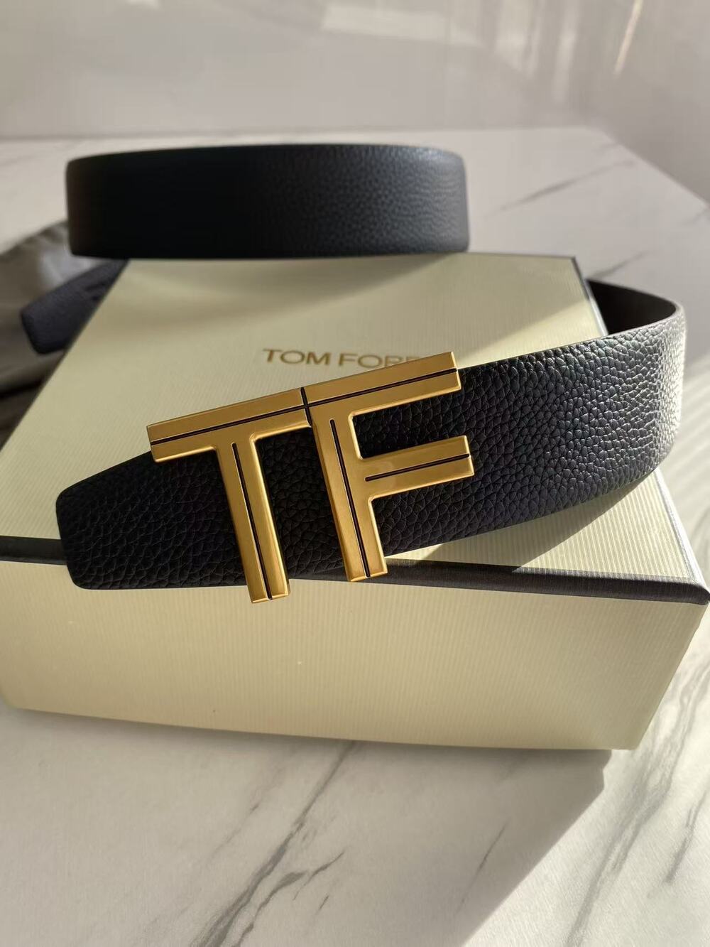 Tom Ford TF Logo Gold Buckle Black Grained Leather Unisex Belt